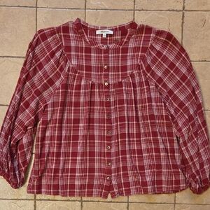 Madewell Red Plaid Button Front Peasant Top